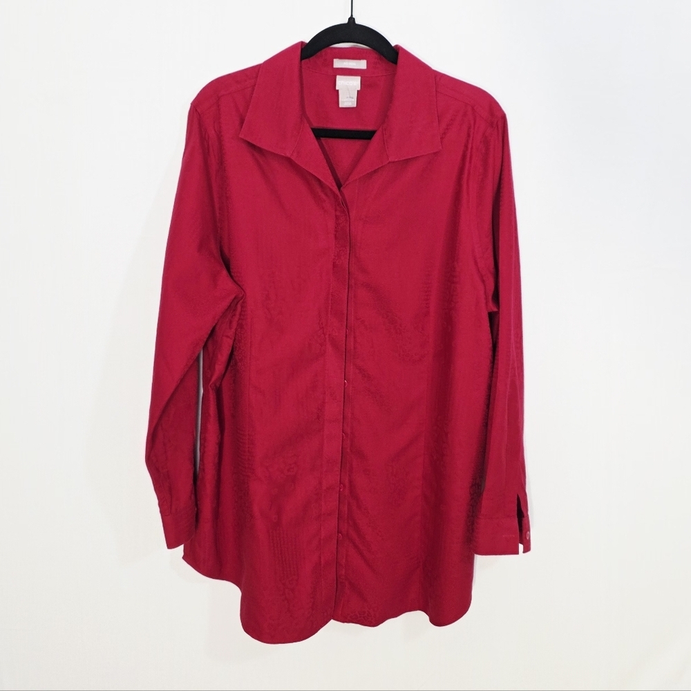 Chico's Non Iron Cotton Leopard Animal Print Red Button-Up Women's Shirt Size XL